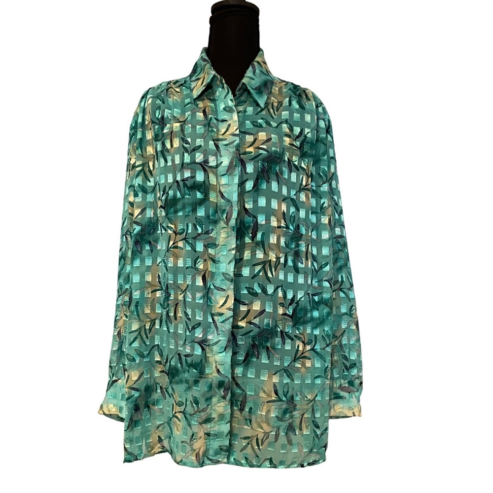 Anastasia Women's Green Leaf Grid Sheer Button Up‎ Shirt Size P14 Layering Piece